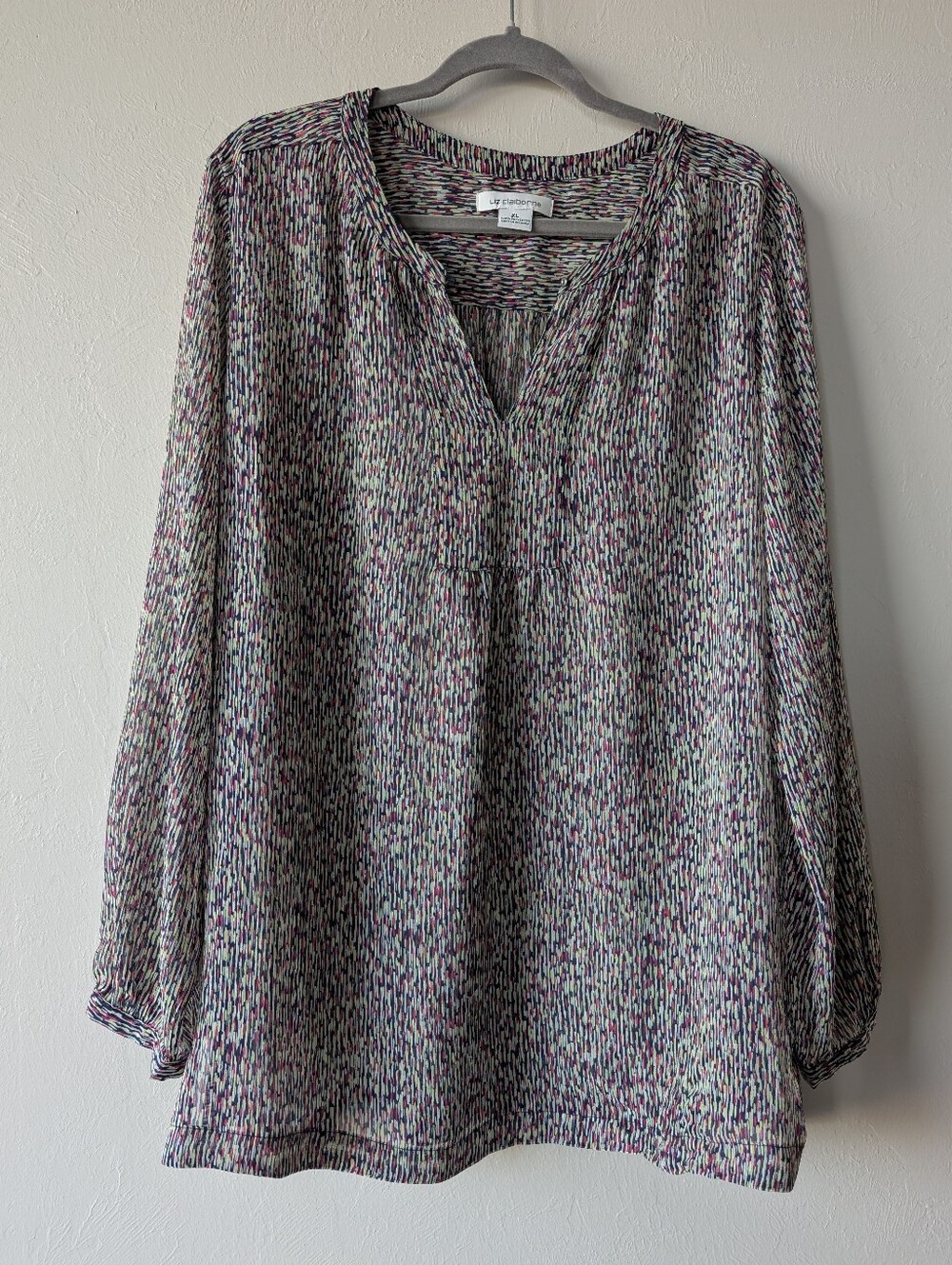 Liz Claiborne Multicolor Speckled V-Neck Long Sleeve Blouse Sheer Chiffon XL